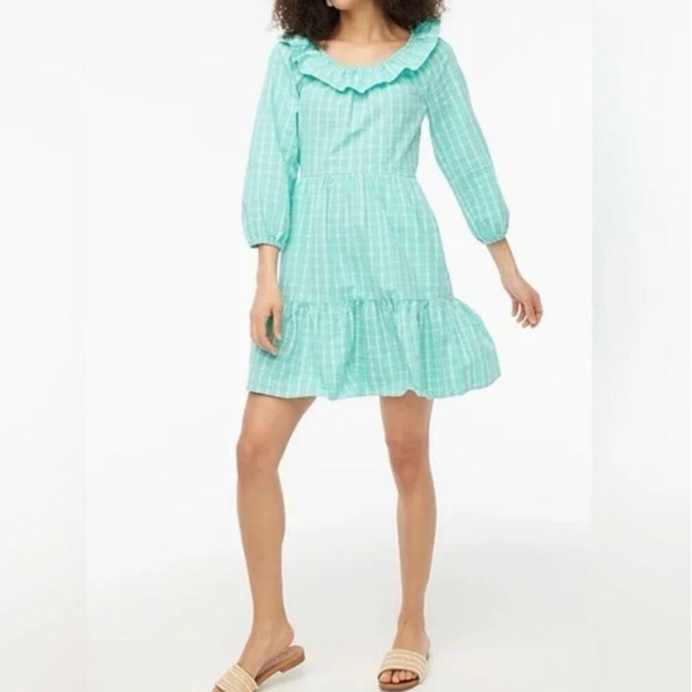 J.Crew Aqua Green Plaid Seersucker Ruffle Tiered Mini Dress 6 Preppy Pastel‎